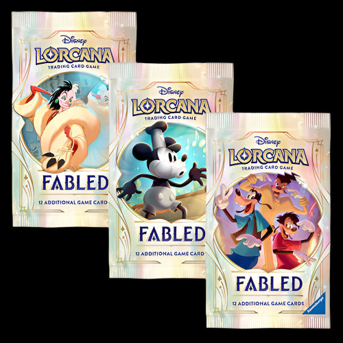 Three packs of Disney Lorcana trading card game on a white background