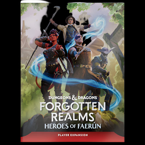 Dungeons & Dragons Forgotten Realms Heroes of Faerun book cover with characters on a fantasy landscape.