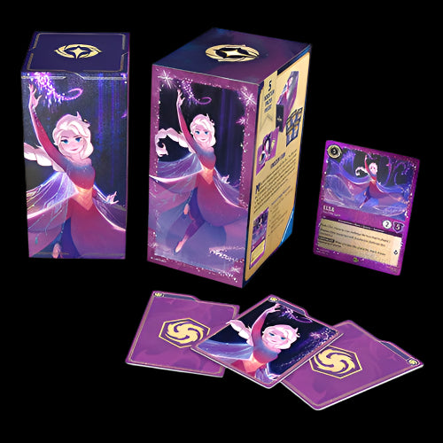 Card game packaging featuring a character in a purple dress with a star emblem on a white background