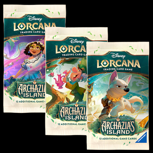 Three packs of Disney Lorcana trading card game featuring characters from 'Archazia's Island'.