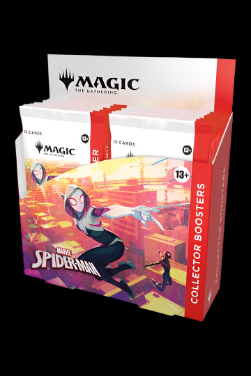 Spider-Man themed trading card game booster pack with 'Magic: The Gathering' branding.
